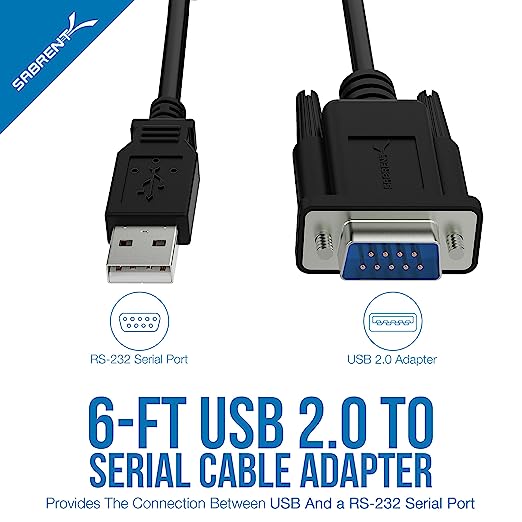 Sabrent USB 2.0 to Serial (9-Pin) DB-9 RS-232 Adapter Cable 6ft Cable [FTDI Chipset] (CB-FTDI)
